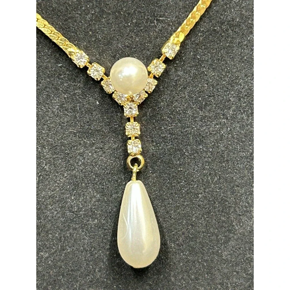 Park Lane Gold Tone Herringbone Faux Pearl Rhinestone 18" Necklace J322 - Picture 8 of 10